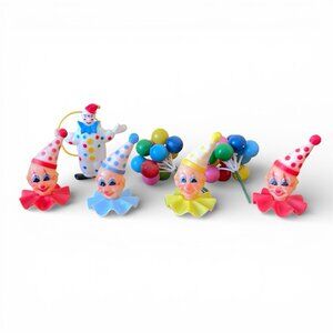 Vintage Wilton Clown Cupcake Picks Cake Toppers Heads Balloons Birthday 7 Pc Lot